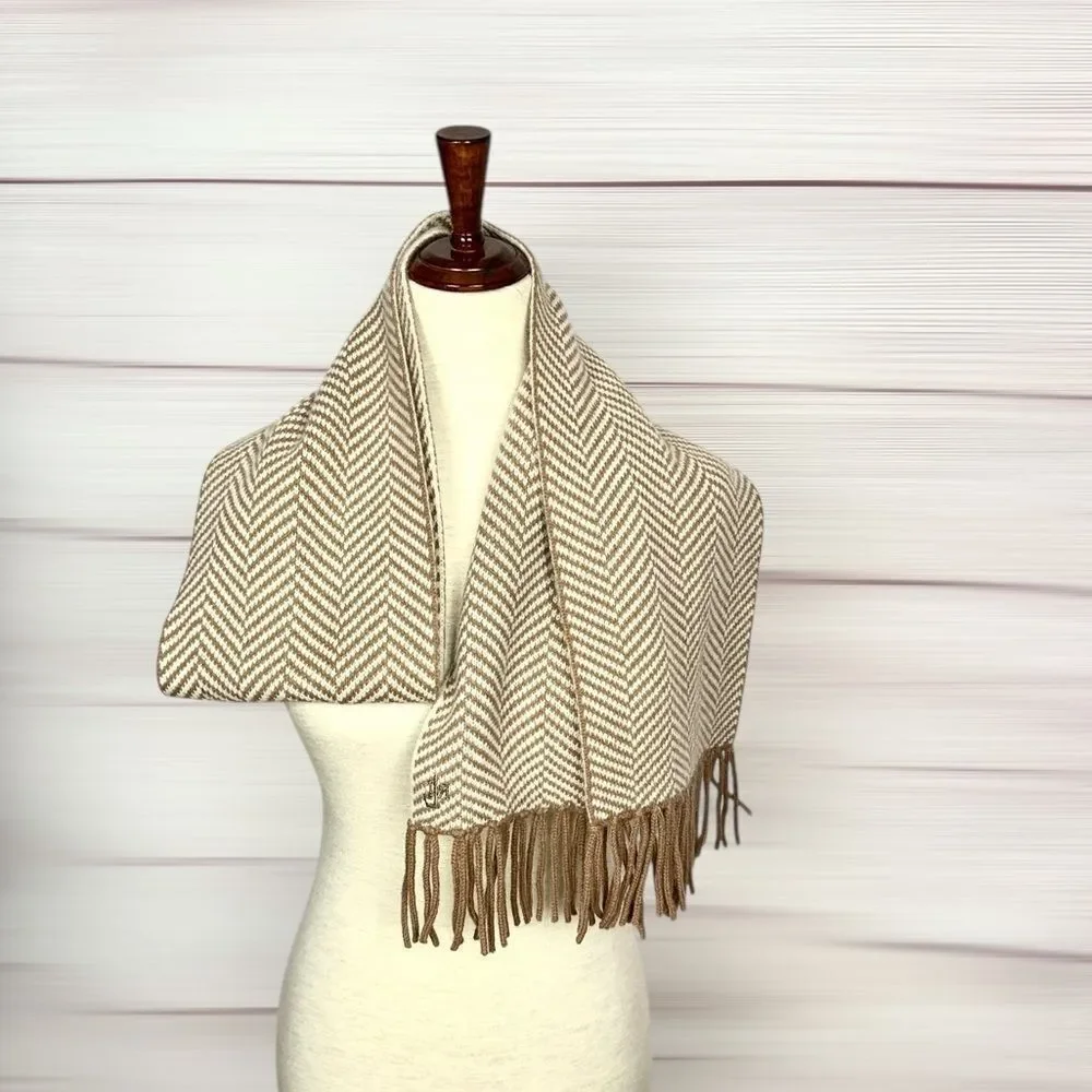 Lauren Ralph Lauren Wool Herringbone Scarf Tan Beige With Fridges Men's Women's